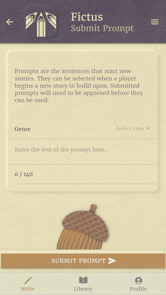 Screenshot from the app Fictus: Submit Prompt Screen