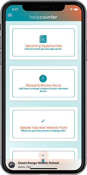 Screenshot of a HelpCounter Mobile UI