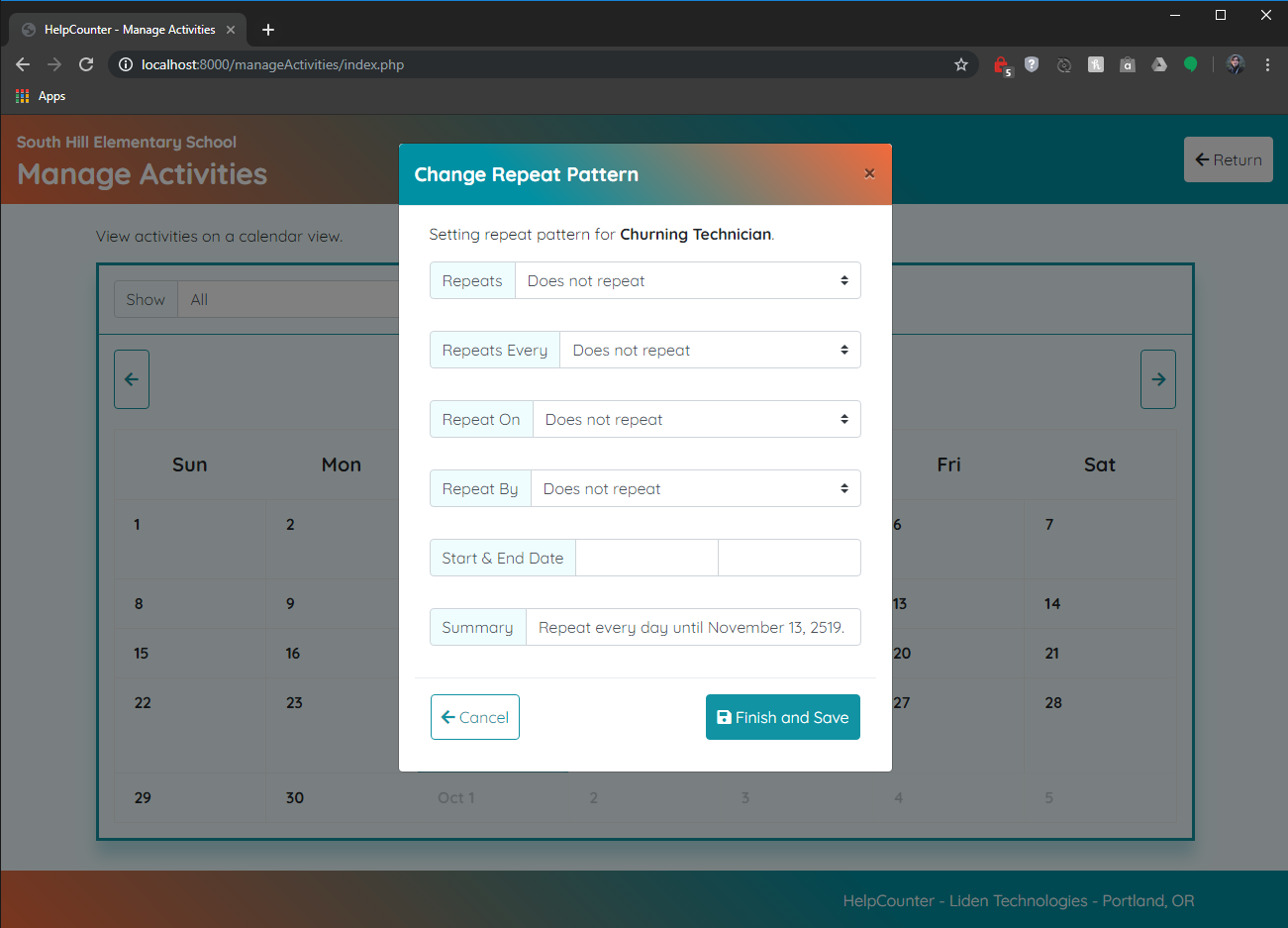 HelpCounter Administrative Work Area: Manage Activities: Calendar View