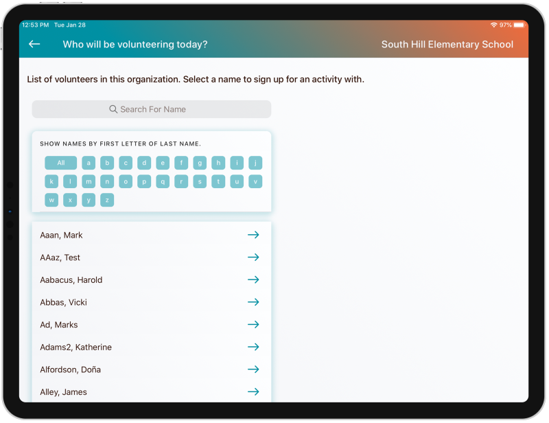 HelpCounter Kiosk Volunteer List