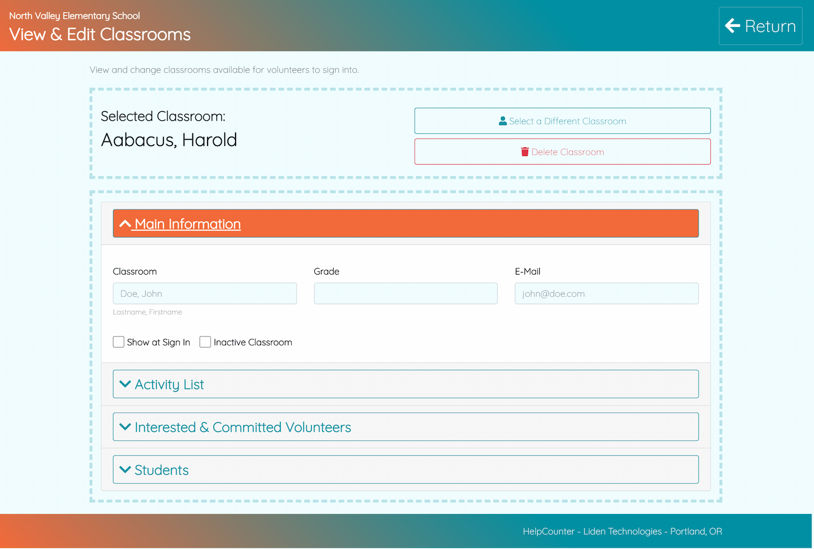 HelpCounter Administrative Work Area: View and Edit Classrooms Page