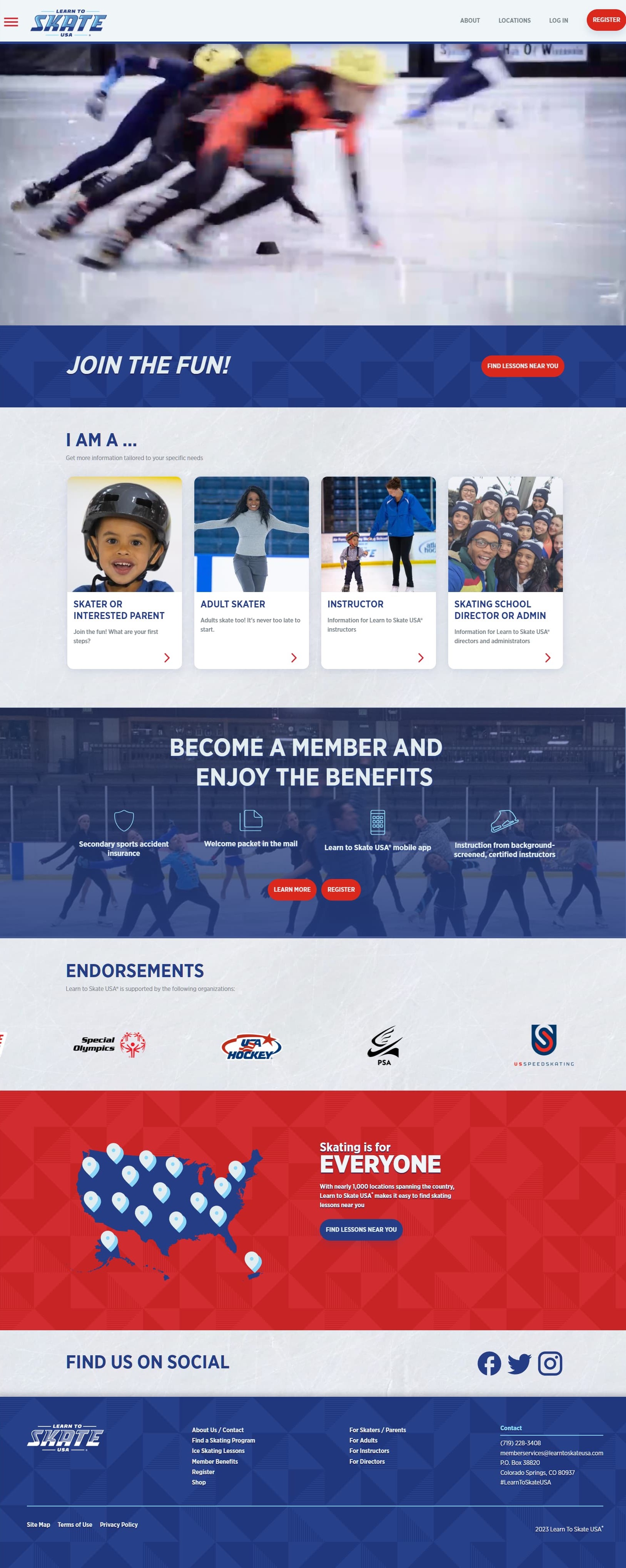 Screenshot of Redesigned Learn to Skate USA Home Page