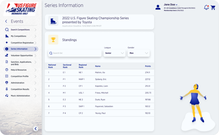 Screenshot of a US Figure Skating Desktop UI