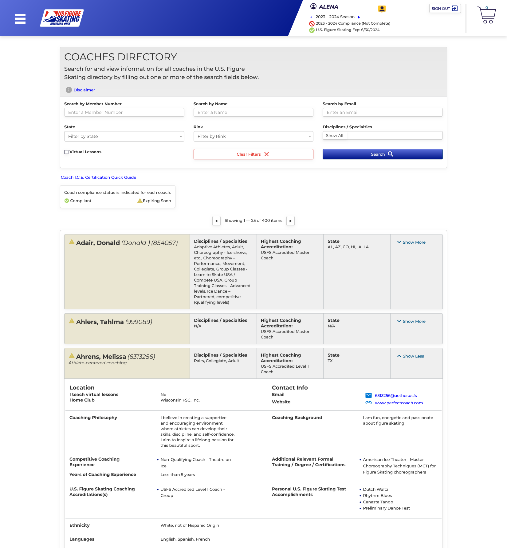 Screenshot of US Figure Skating Coach Directory UI