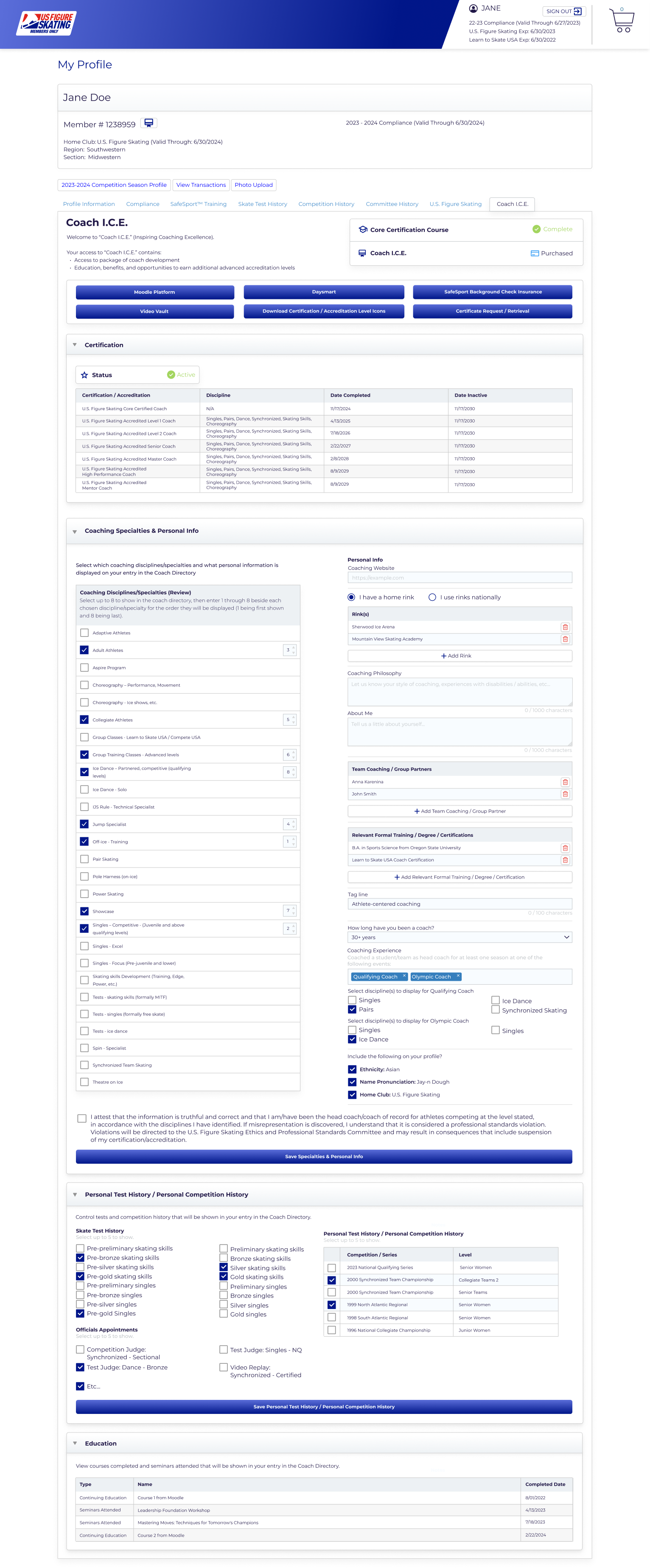 Screenshot of US Figure Skating Coach Profile UI