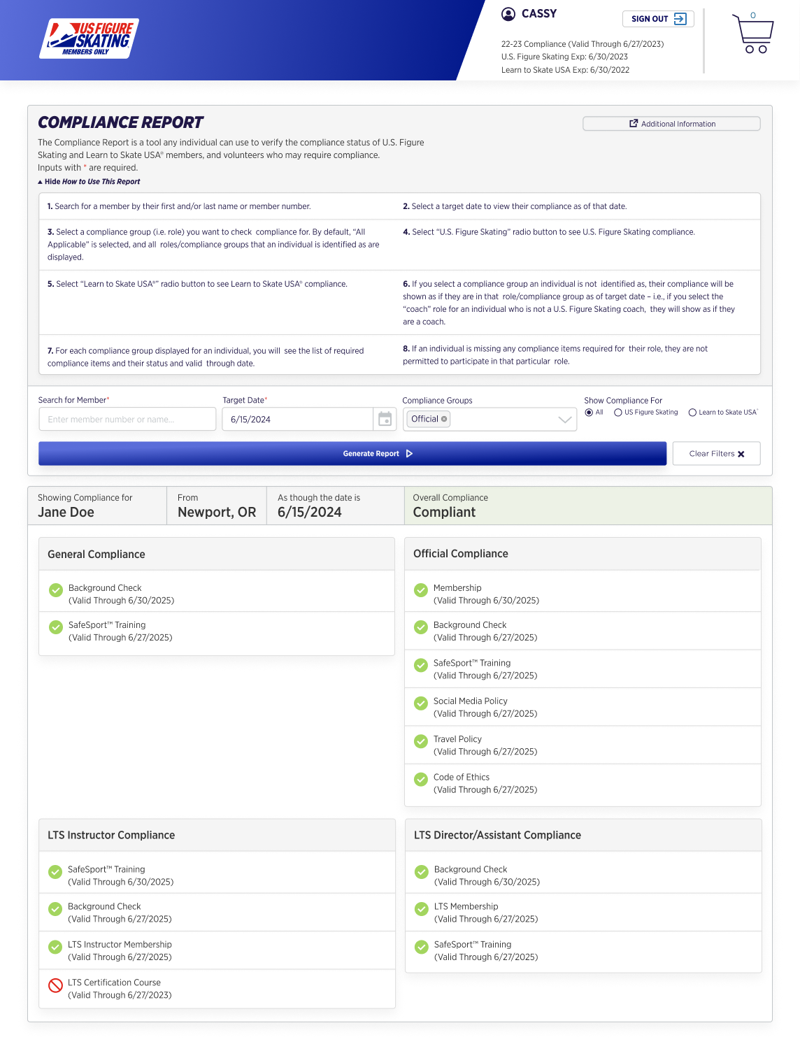 Screenshot of US Figure Skating Compliance Report UI